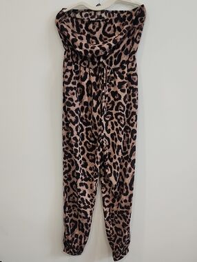 SHEIN Brown and Black Leopard Print Strapless Jumpsuit